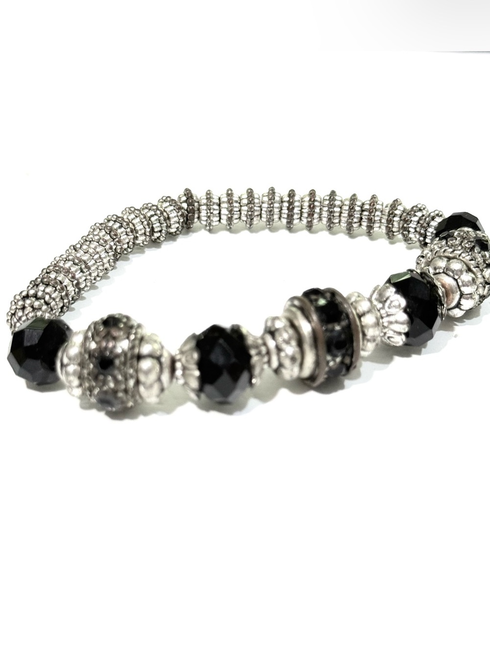 Elegant Black and Silver Beaded Stretch Bracelet Jewelry NWT